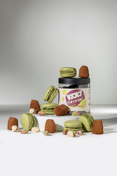 Pistachio Macaron Chocolate Truffles Gift Jar 130g | Pistachio Luxury Chocolate - WOW Chocolao!