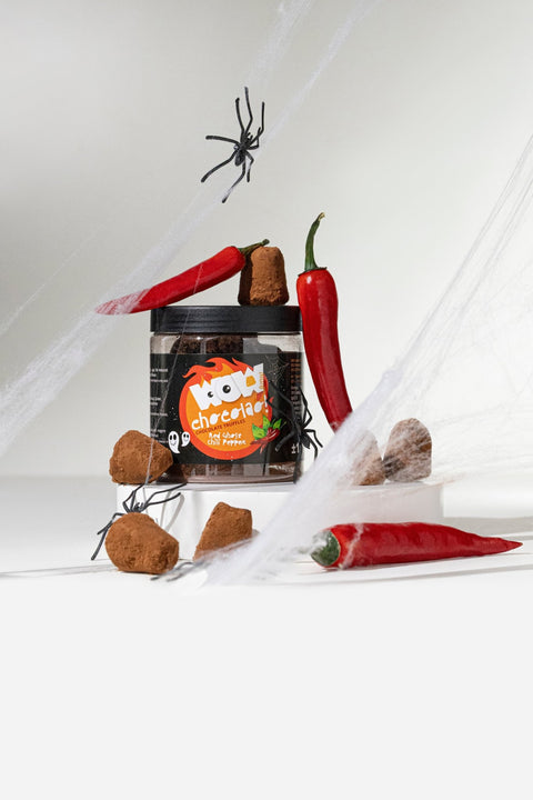 Red Ghost Chili Peppers Truffles Gift Jar 130g | Spicy Halloween Chocolate - WOW Chocolao!