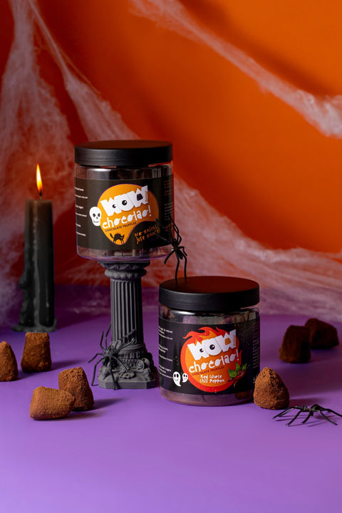 Red Ghost Chili Peppers Truffles Gift Jar 130g | Spicy Halloween Chocolate - WOW Chocolao!