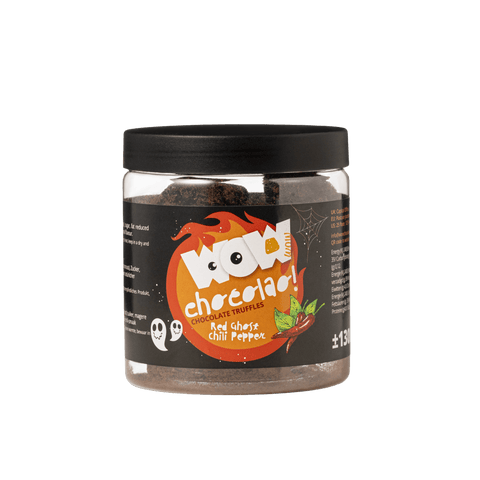 Red Ghost Chili Peppers Truffles Gift Jar 130g | Spicy Halloween Chocolate - WOW Chocolao!