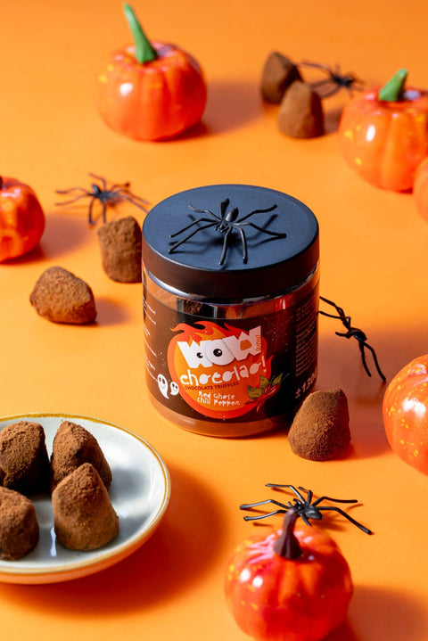 Red Ghost Chili Peppers Truffles Gift Jar 130g | Spicy Halloween Chocolate - WOW Chocolao!